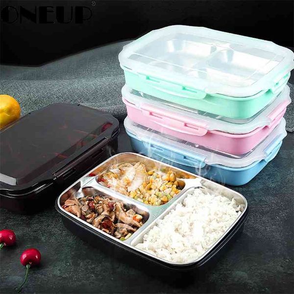 Stainless steel lunch box with compartments, portable for picnics, office, or school, microwavable and thermal bento