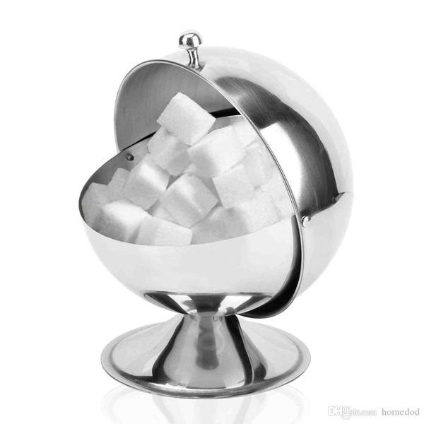 Stainless steel spherical sugar bowl for kitchen, with flip-top lid, ideal for storing spices, candy, and seasonings