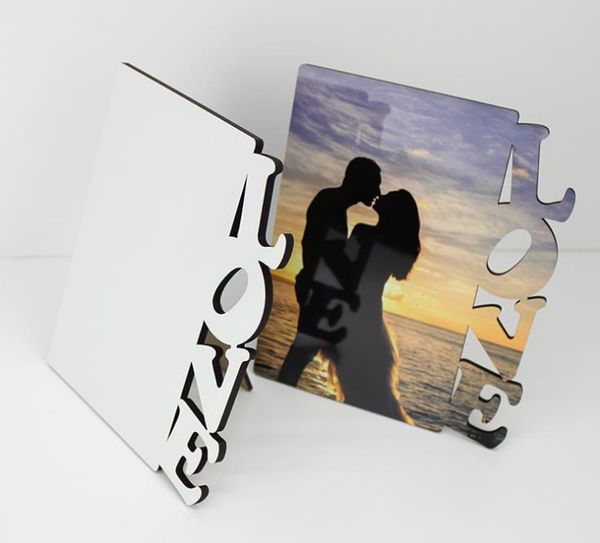 Sublimation frames for personalized wooden thermal transfer plates, featuring LOVE MOM DAD designs in a gift set with wooden blocks