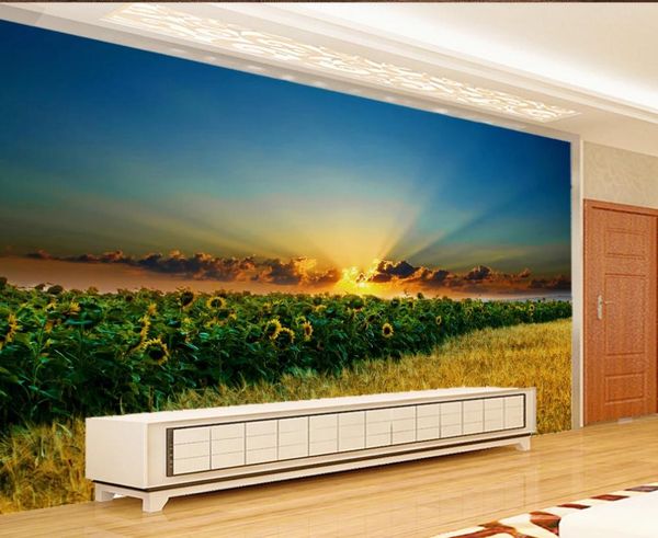Sunset pastoral oil painting of sunflower and wheat field landscapes for TV wall backgrounds