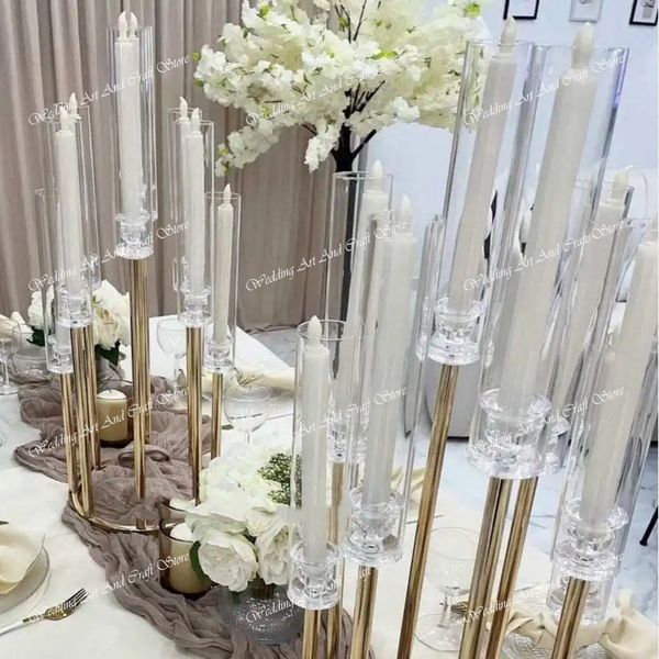 Supply commercial flower display stands for weddings, featuring crystal centerpieces and gold acrylic holders with LED lighting