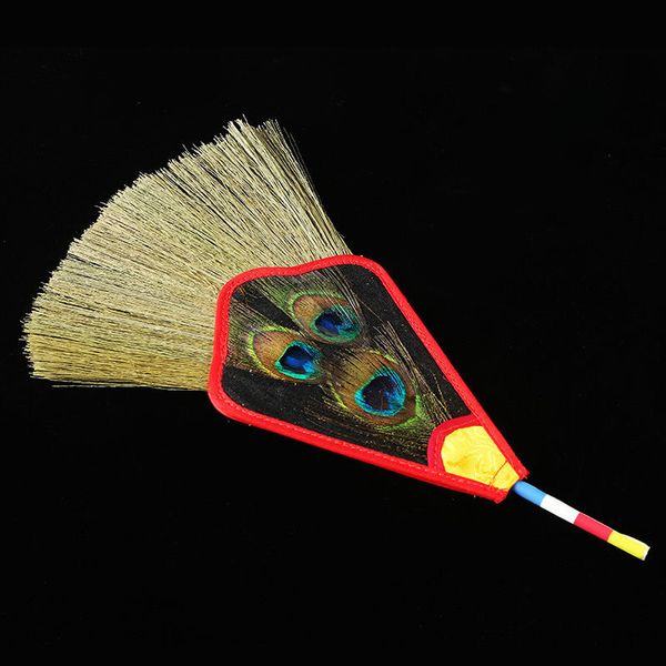 Tantric Tibetan Wamba Pot with Peacock Feather Design, Buddhist Satin Bumba Hand Fan for Home Decor and Collectible Gifts