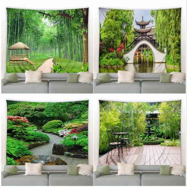 Tapestry featuring a Chinese garden scene with a spring green bamboo arch bridge