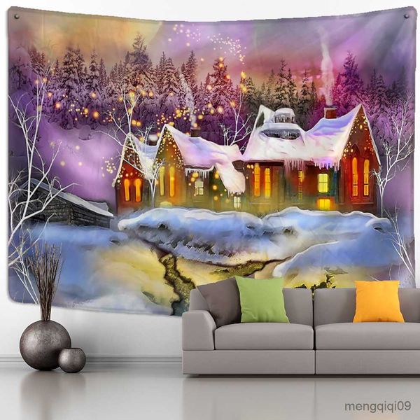 Tapestry featuring a festive Christmas night scene with snowy landscape, perfect for New Year home decoration