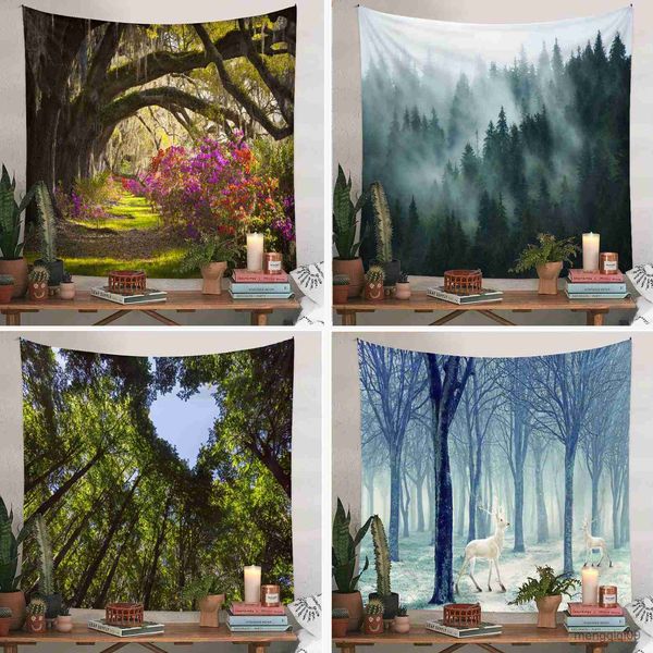 Tapestry featuring a green forest landscape, ideal for bedroom or living room decor, customizable to preference