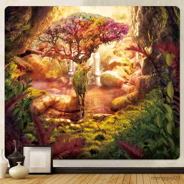 Tapestry featuring a magical forest elf in a psychedelic art deco scene, perfect for bohemian home decor, wall mounting, yoga mats, tarot spaces, or bedroom wall art