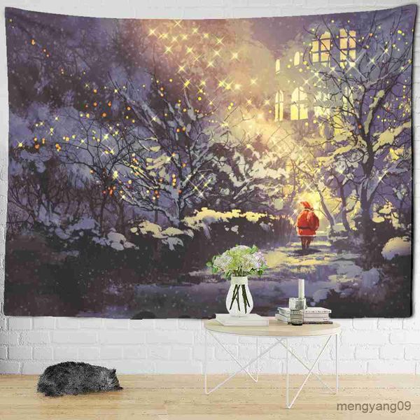 Tapestry featuring a snowy Christmas night scene with a travel map design, perfect for forest house illustrations and living room decor