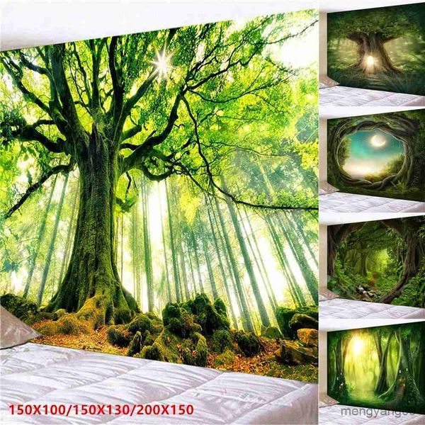 Tapestry featuring a sunny forest scene with misty trees, perfect for wall or ceiling decor to enhance your home ambiance