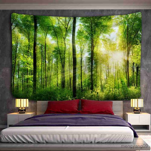 Tapestry featuring a sunny green forest landscape, ideal for wall decor in bedrooms or living spaces