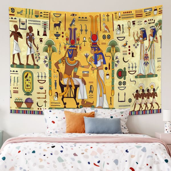 Tapestry featuring ancient Egyptian motifs, printed bohemian wall hanging for hippie-style home decor