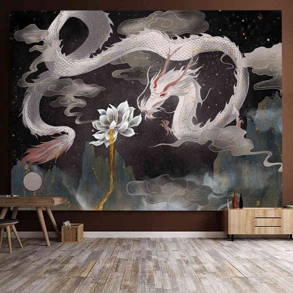 Tapestry featuring anime dragon and lotus designs with Chinese totem motifs, ideal for psychedelic wall decor