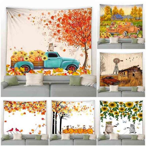 Tapestry featuring autumn scenery with farm truck, pumpkins, maple leaves, and trees in vintage style