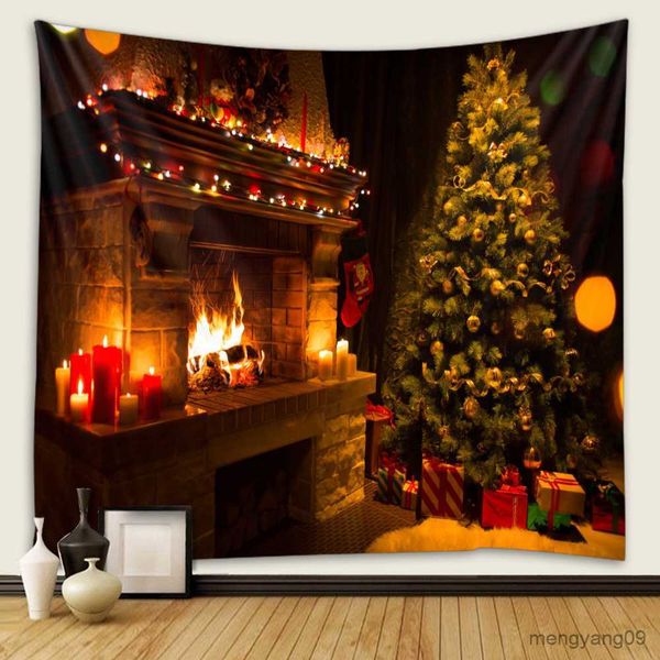 Tapestry featuring Christmas tree and fireplace print for home decor in living room or bedroom