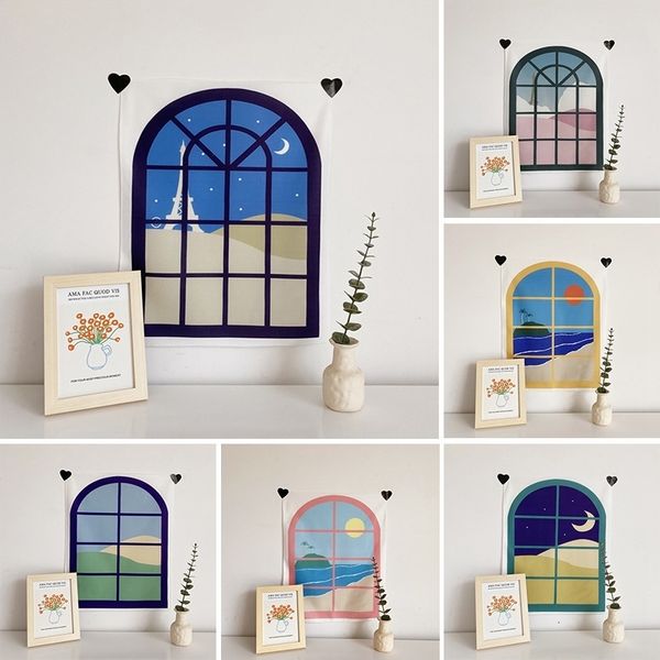 Tapestry featuring Korean window scenery with starry sky and beach print, ideal for bedroom or dorm decor