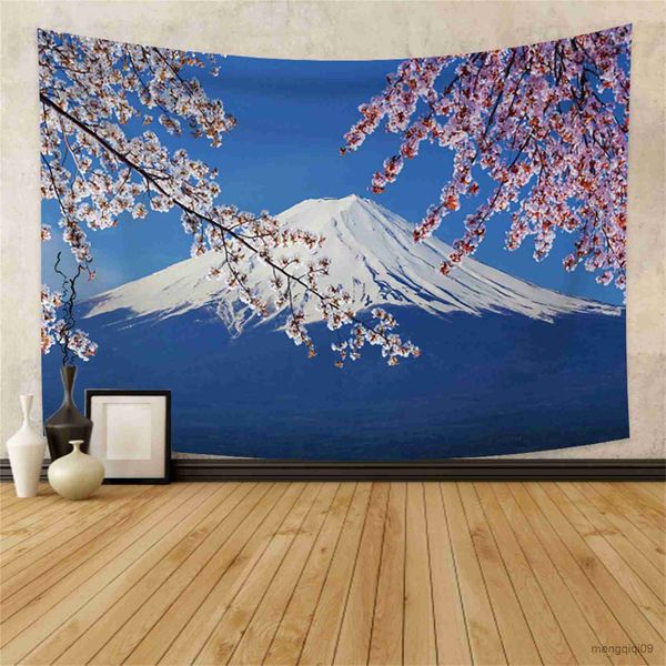 Tapestry featuring Mount Fuji, an ancient temple, and pink cherry blossoms, perfect for home or living room decor