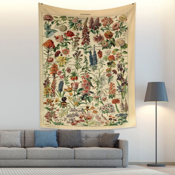 Tapestry featuring mushroom and floral designs, a boho-style wall decor with mycology identification chart art
