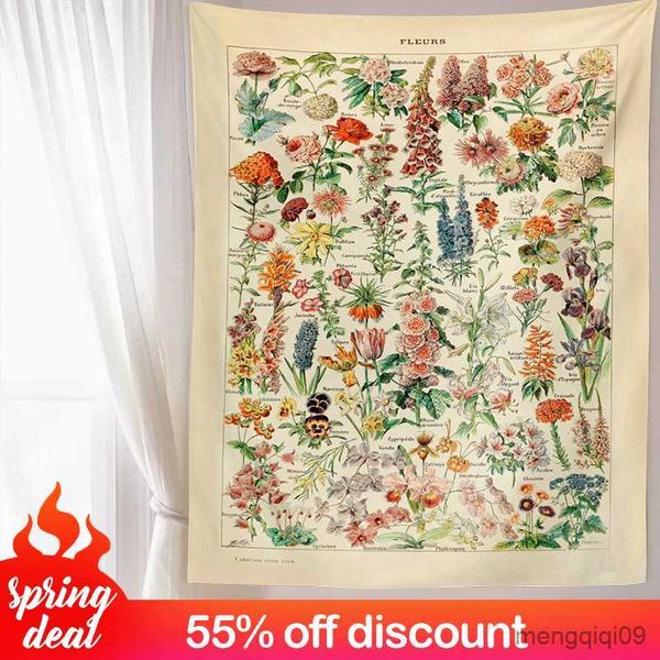 Tapestry featuring mushroom identification chart with floral illustrations for wall decor