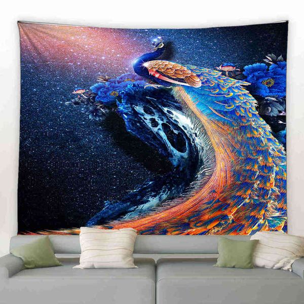 Tapestry featuring peacocks, starry skies, flowers, and animals in a Chinese landscape style