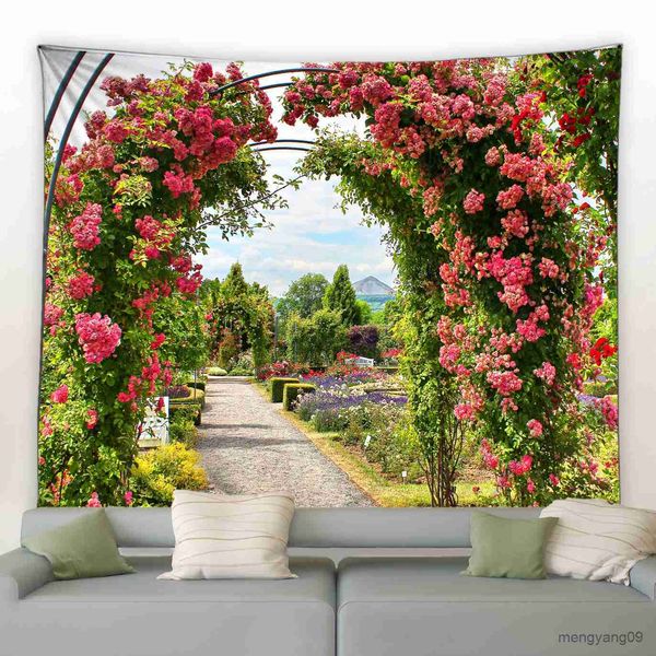Tapestry featuring pink floral designs for modern home and garden decor, ideal for living rooms or courtyards