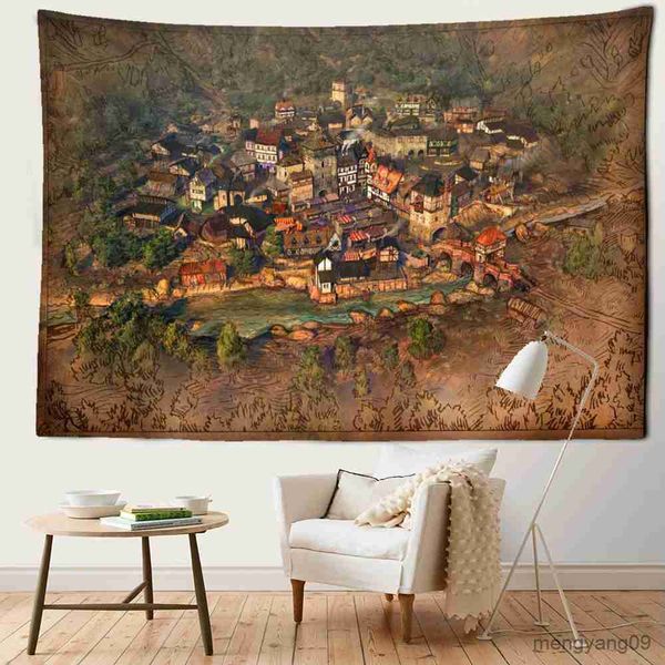 Tapestry featuring retro architecture painting, a scenic wall hanging for mysterious dorm aesthetic and home decor