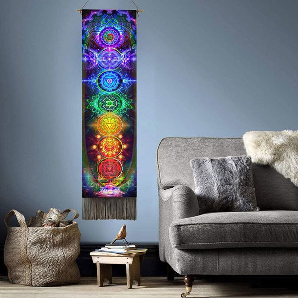 Tapestry featuring seven chakras with sun, moon, and tarot motifs, adorned with tassels for boho-style bedroom or office decoration
