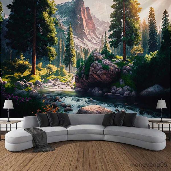 Tapestry of a mystical woodland scene featuring trees, a waterfall, and scenic landscape for home decor