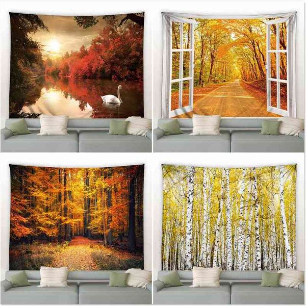 Tapestry of autumn forest in orange hues, a scenic landscape bathed in sunlight with bohemian charm