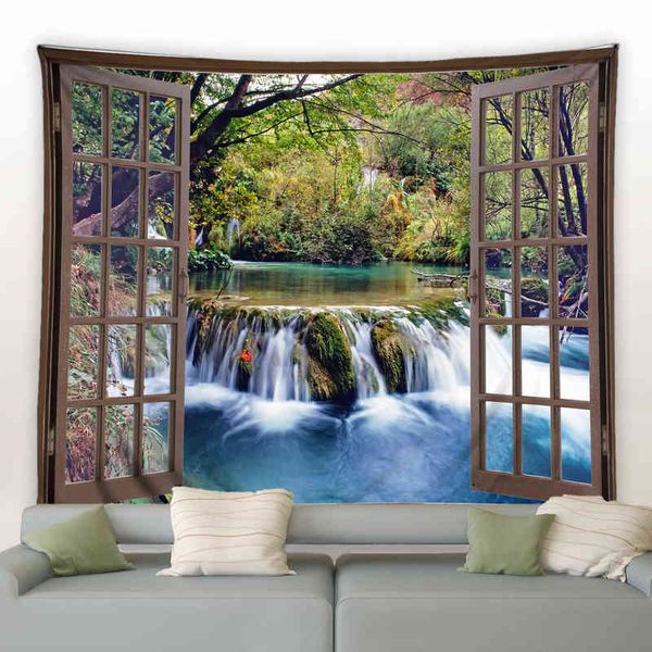 Tapestry Window Beautiful Landscape Carpet Wall Hanging Green Trees Forest Wate