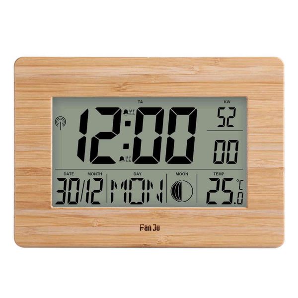 The FanJu FJ3530 features a large digital display showing indoor temperature, moon phase, dual alarms with snooze, and calendar functions for desk or wall use
