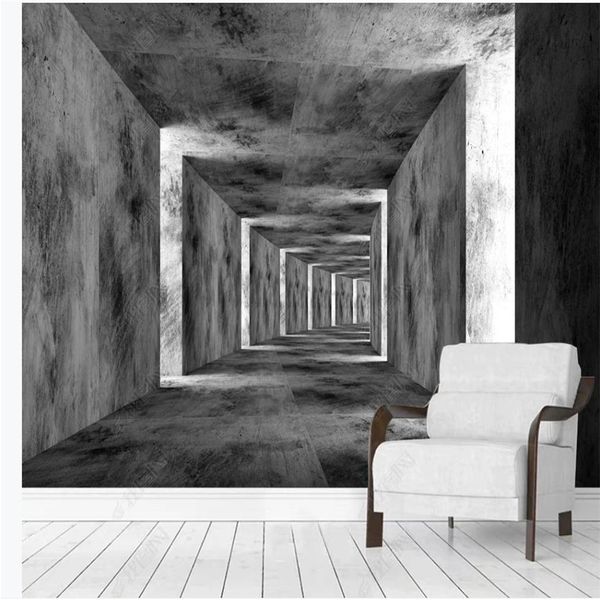 Three-dimensional corridor wallpaper creating modern living room illusion