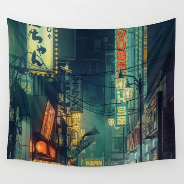 Tokyo Nights: Green Blade Runner Aesthetic Wall Tapestry by Liam Wong for Home Decor