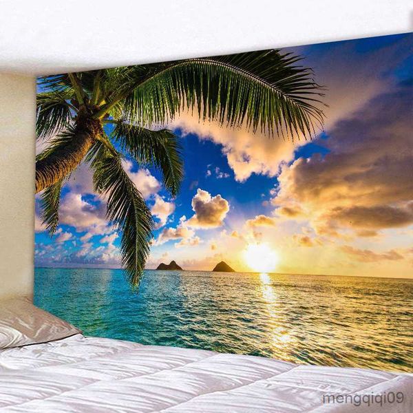 Tropical beach tapestry with sunset and waves, 230x150cm for wall decor