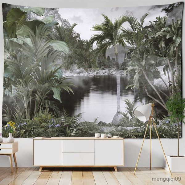 Tropical garden tapestry featuring lush rainforest scenery, a stylish wall art piece for aesthetic decor