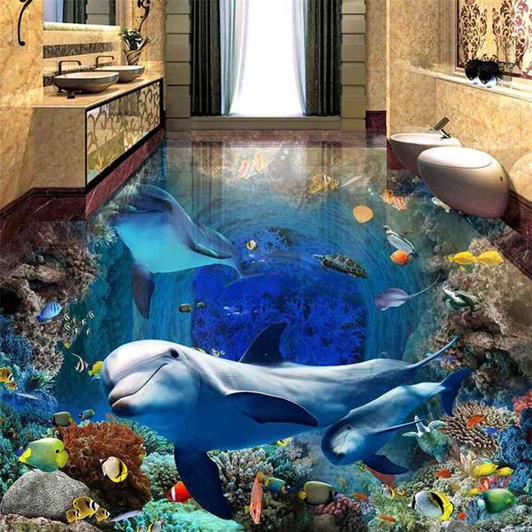 Underwater-themed 3D self-adhesive dolphin mural wallpaper for waterproof flooring in bedrooms and bathrooms