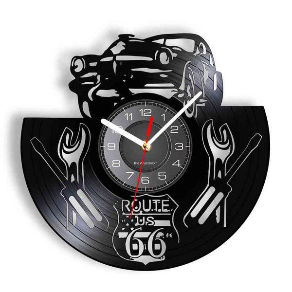 U.S. Route 66 Sign Mother Road Vinyl Record Clock for Car Garage Decor - Highway 66 Themed Longplay Wall Clock, Perfect Mancave Artwork H1230