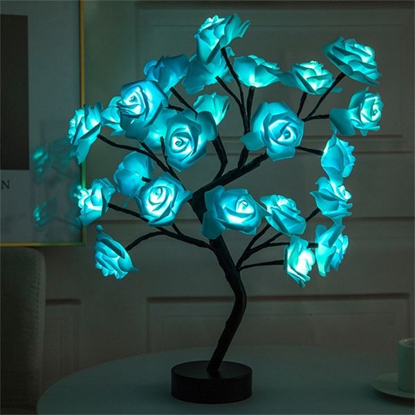 USB-powered LED fairy night light with artificial flower tree design, perfect for home decor, rose-shaped bedside or desk lamp, battery-operated, ideal as a Valentine's Day gift