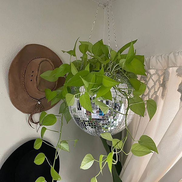 Vases Disco Ball Flower Planter Pots No Border Rope Mirror Hanging Basket Pot For Indoor Plants Bohemian Style 230201