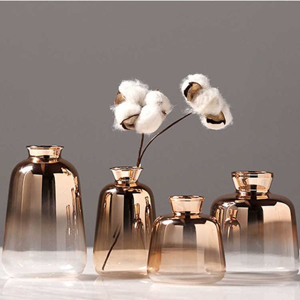 Vases New Gradient Golden Glass Vase Nordic Electroplated Vase for Home Decor, Dry Floral Arrangement in Bars and Restaurants P23041