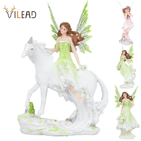 VILEAD Resin Angel Fairy Figurine with Unicorn Horn and Flowers, Garden Statue of Horse Miniature for Modern Animal Home Decor