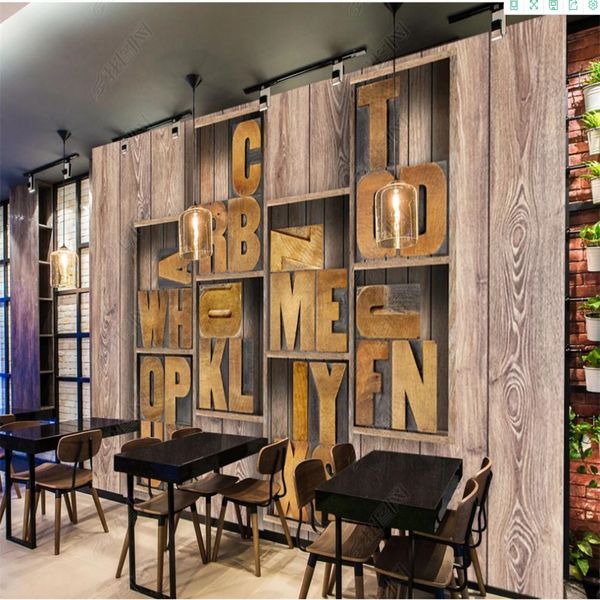 Vintage 3D wooden grid wallpaper with carved letter designs for stylish living spaces