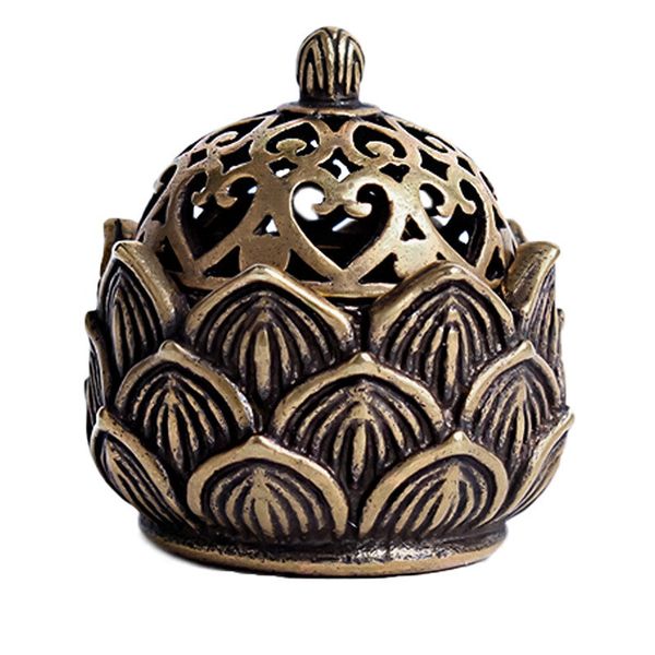 Vintage brass incense burner with a lotus and Buddha design, featuring a hollow lid for room decoration