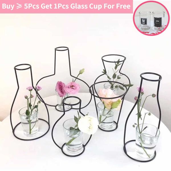 Vintage iron line table vases for home decor, metal plant holders and aesthetic bedroom flower containers