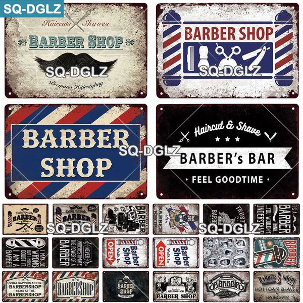 Vintage metal sign for barber shop decor, featuring a classic barber pole design on a tin plaque wall art piece