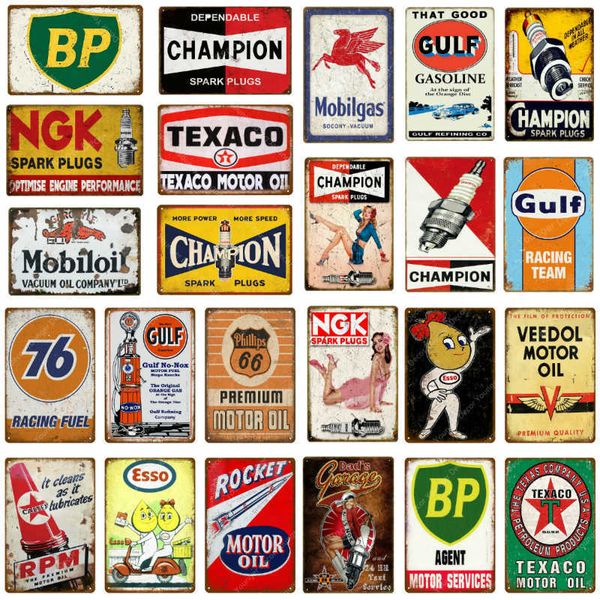 Vintage metal wall decor featuring retro gas pump signs for garage or pub decoration