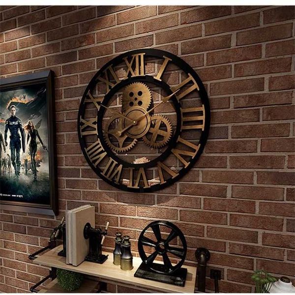 Vintage oversized wooden wall clock for home decor in industrial retro style, perfect for living rooms, offices, and bars