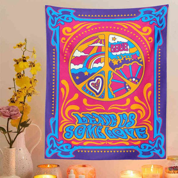 Vintage-inspired psychedelic music poster carpet featuring 60s-70s motifs like peace signs, eyes, and flowers for home decor