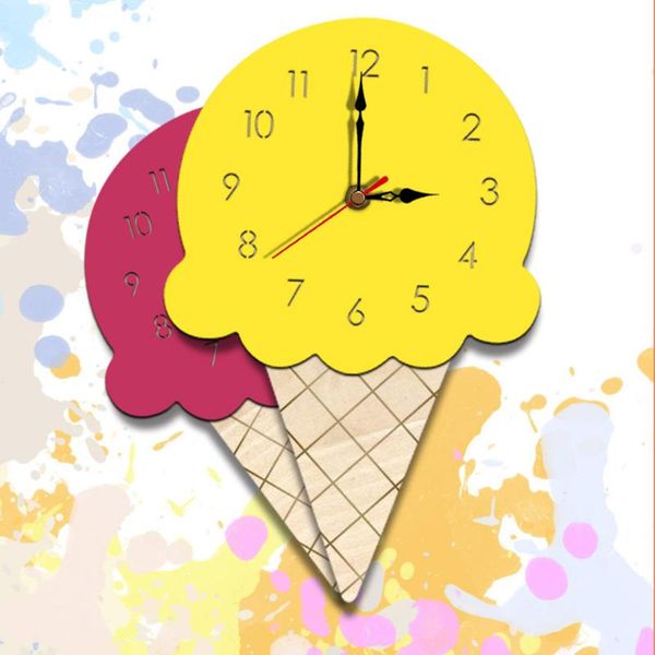Wall clocks featuring ice cream designs in vibrant colors, stylish and creative for room decor, simple wooden desk clocks, silent and perfect for home living spaces