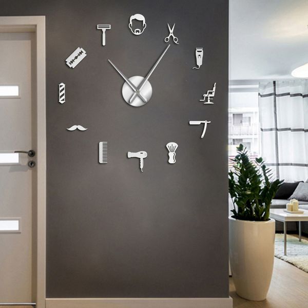 Wall Clocks Frameless Male Barber Shop Acrylic Simple 3D DIY Wall Clocks Hair Stylist Hair Salon Decor Quiet Sweep Mirror Effect Clock Watch