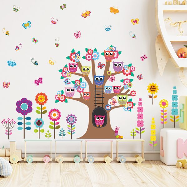 Wall Stickers featuring Cartoon Trees, Cute Owls, Flowers, and Butterflies - Removable Decorative Art for Kids' Rooms