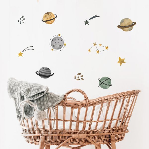 Wall stickers featuring space universe stars, perfect removable decals for boys' nursery or bedroom, ideal as art posters or gifts for kids' room decoration and home decor